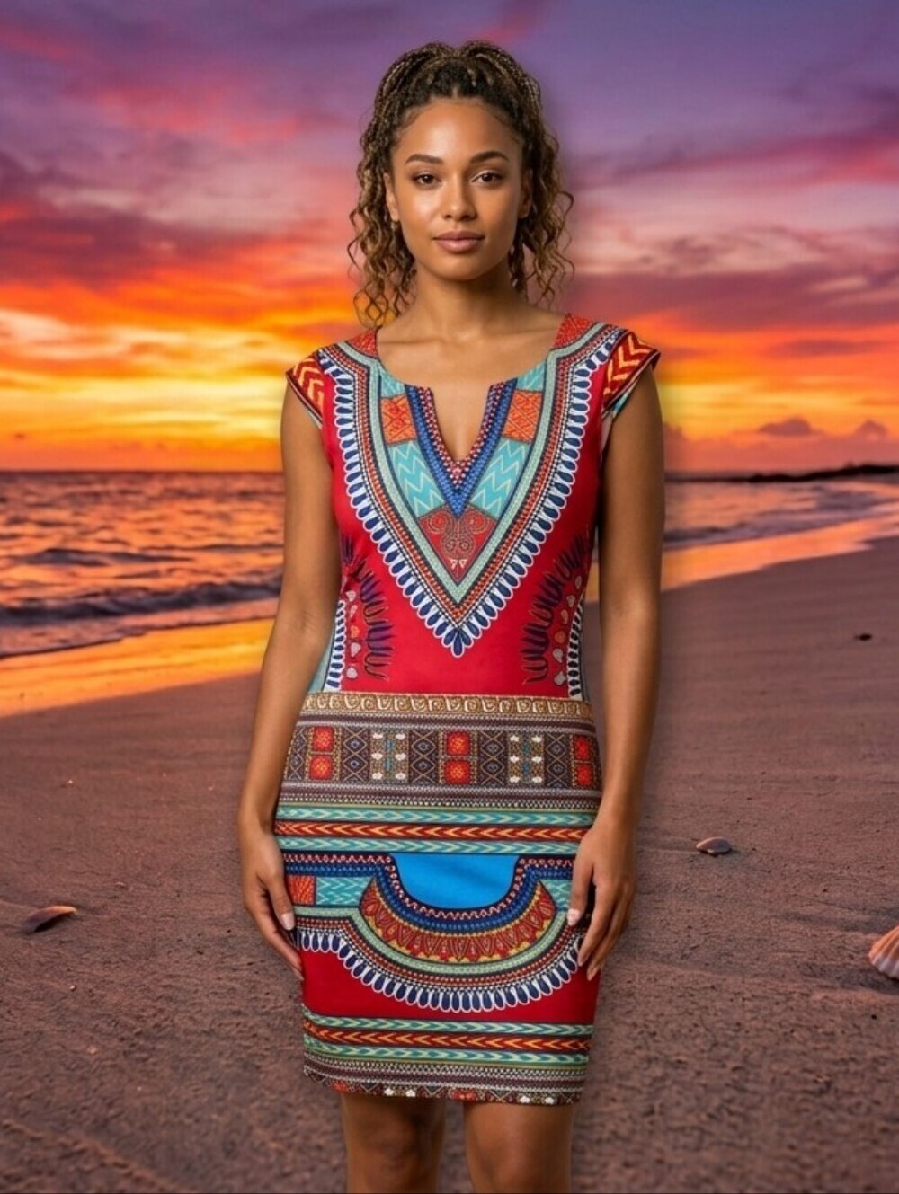 Red Tribal-Pattern Notch Mini Dress